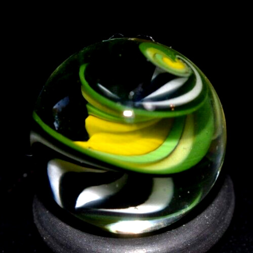 BRYAN TRILLAS GLASS MARBLE/.597″-GREEN ZEBRA BLACKLIGHT-OLIVE,YELLOW, LIME, BLK+