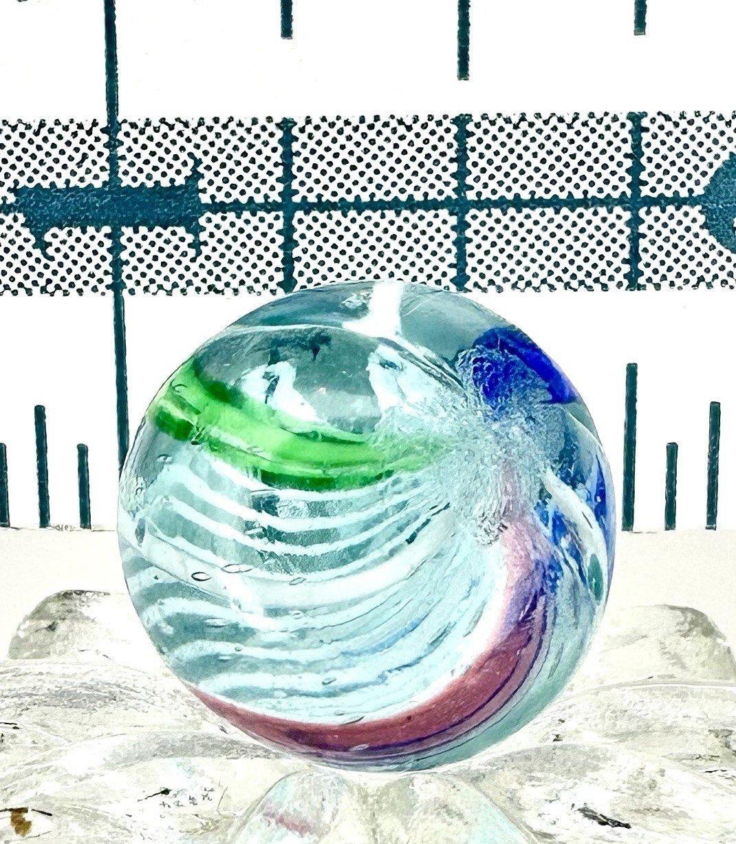 German Handmade White Caged Latticino Marble – Approx 16mm Green Blue Red