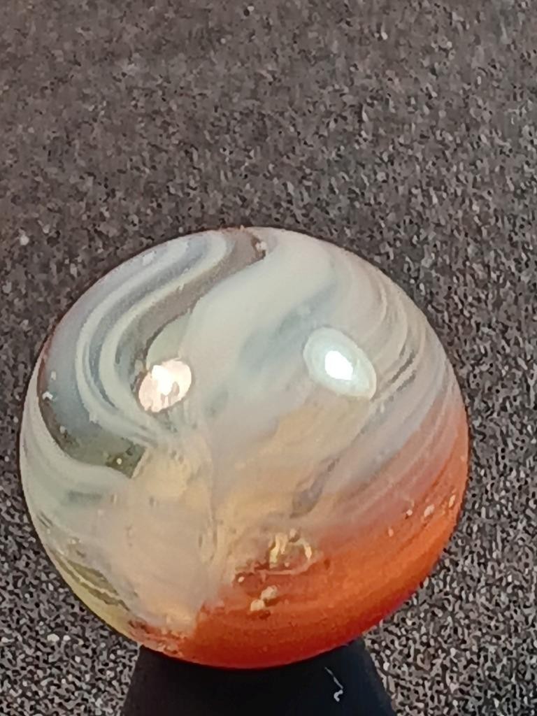 5/8″ Vitro Agate Cardinal Red Patch Wispy White on Clear NM Serious Marble A699