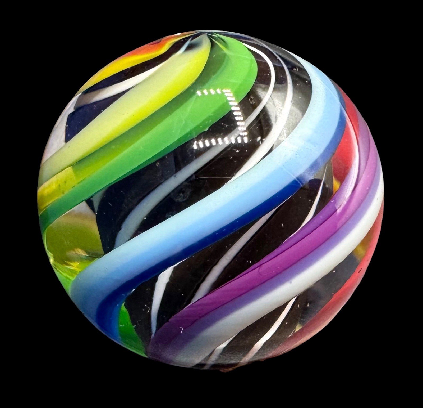 Jody Fine Glass Marble .92 Zebra Core Maypole Rainbow Cage Swirl Unsigned