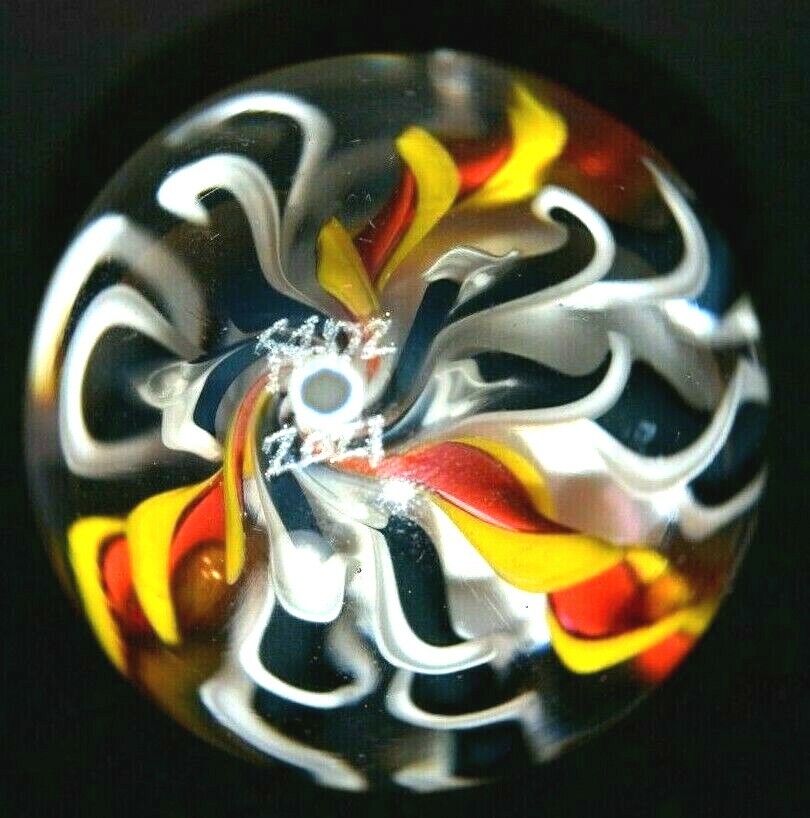 FRITZ LAUENSTEIN GLASS MARBLE/1.647″-CROWN 9 CANE FILIGRANA-CHERRY,GOLDENROD,BLK
