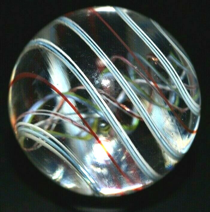 MASLACH? FINE? unsure GLASS MARBLE/1.264″-4 COLOR LATTICINIO TORNADO-CHERRY,TURQ