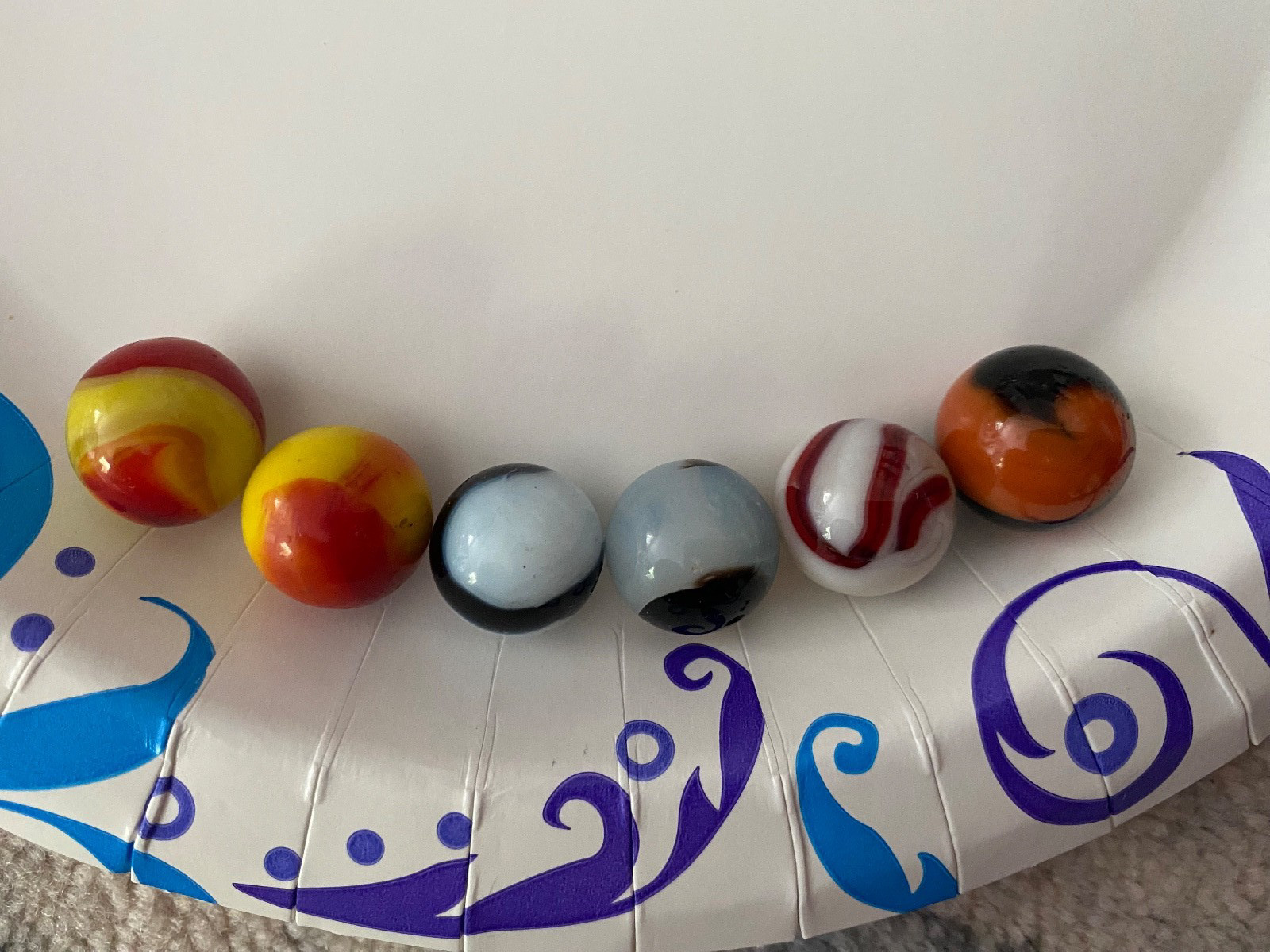 Six antique Marbles Two Color Corkscrew Patch Swirls (yellow orange) Two-colored