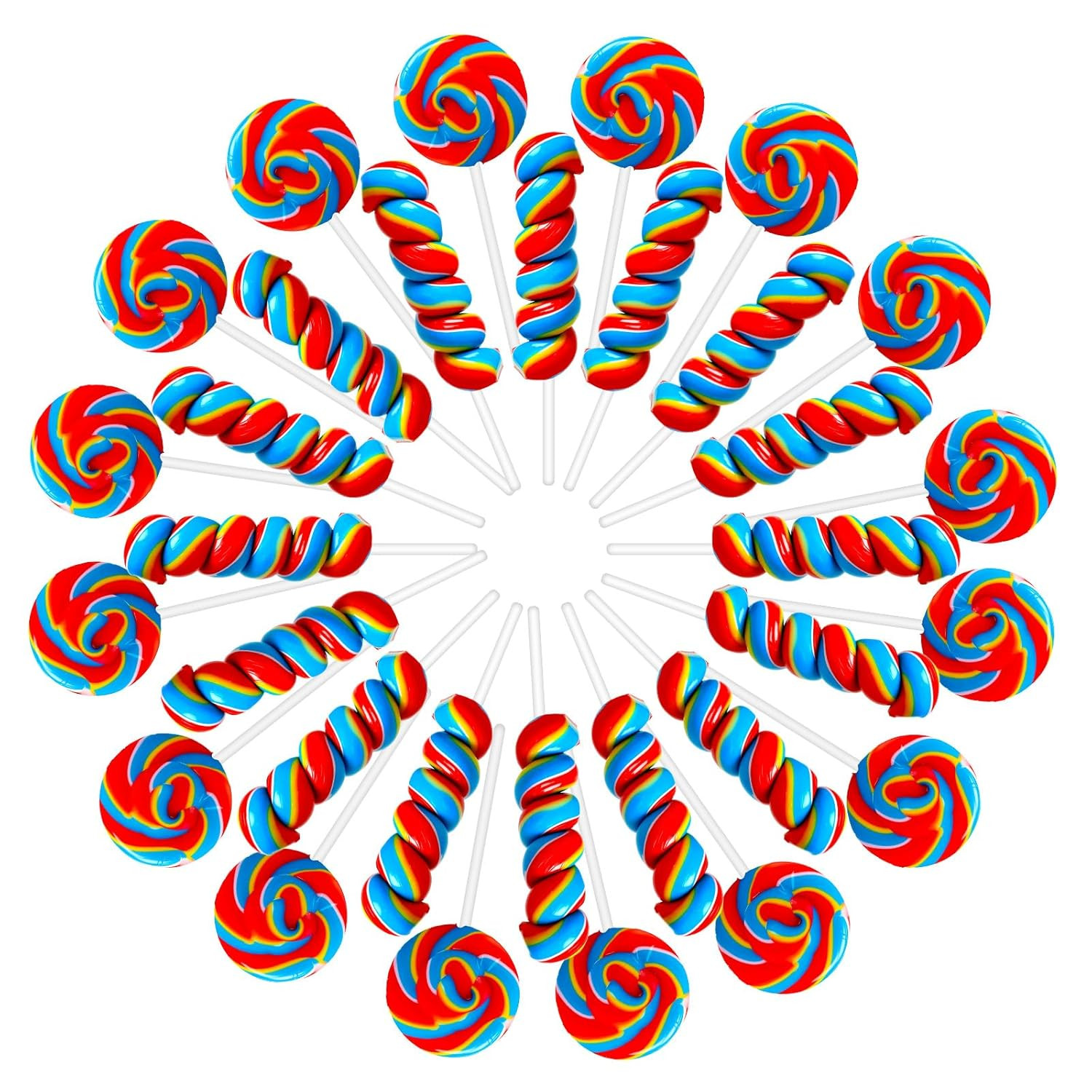 Red White Blue Twisty & Swirl Lollipops 32 Pack -16 Twist & 16 Swirl, Mixed Frui