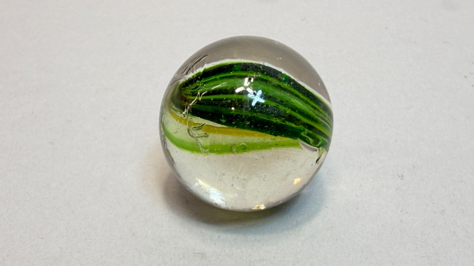 German Blown Glass Marble Naked Razor Single Divided Ribbon Green White 1.1”
