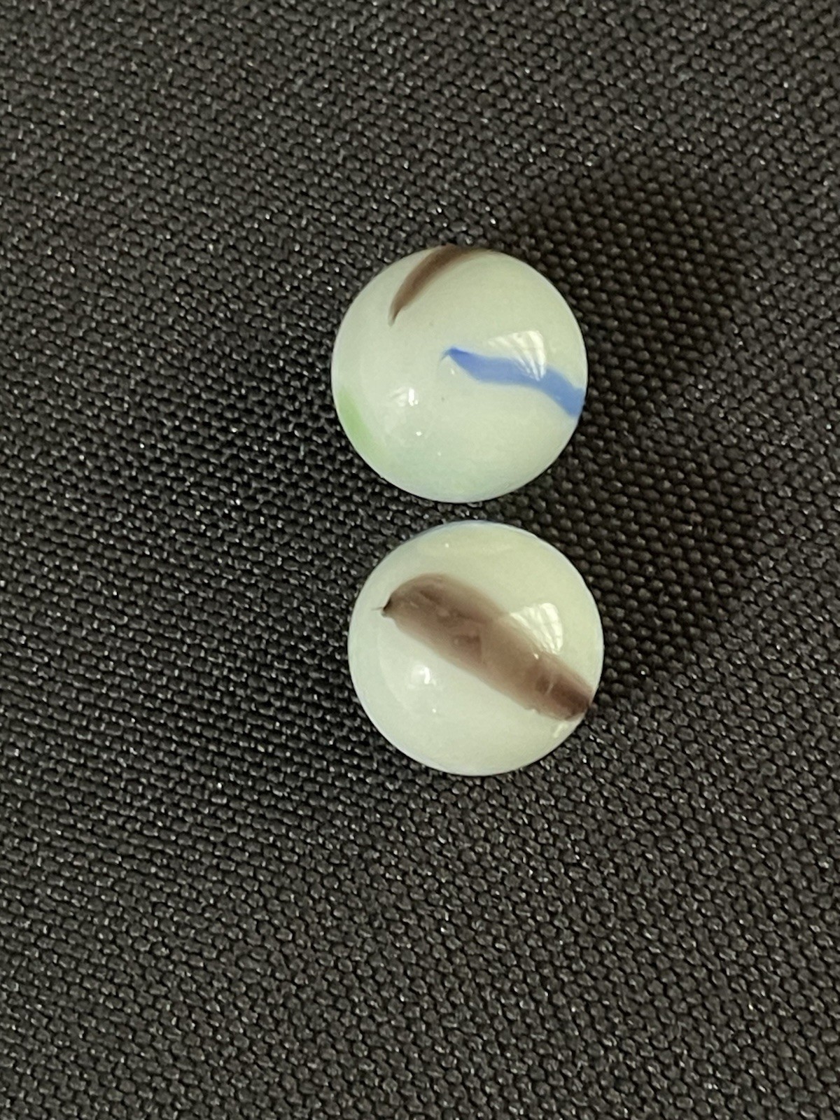 2 Vintage .63” Akro Agate Peltier Art Swirl Glass Marbles White Blue Brown Green