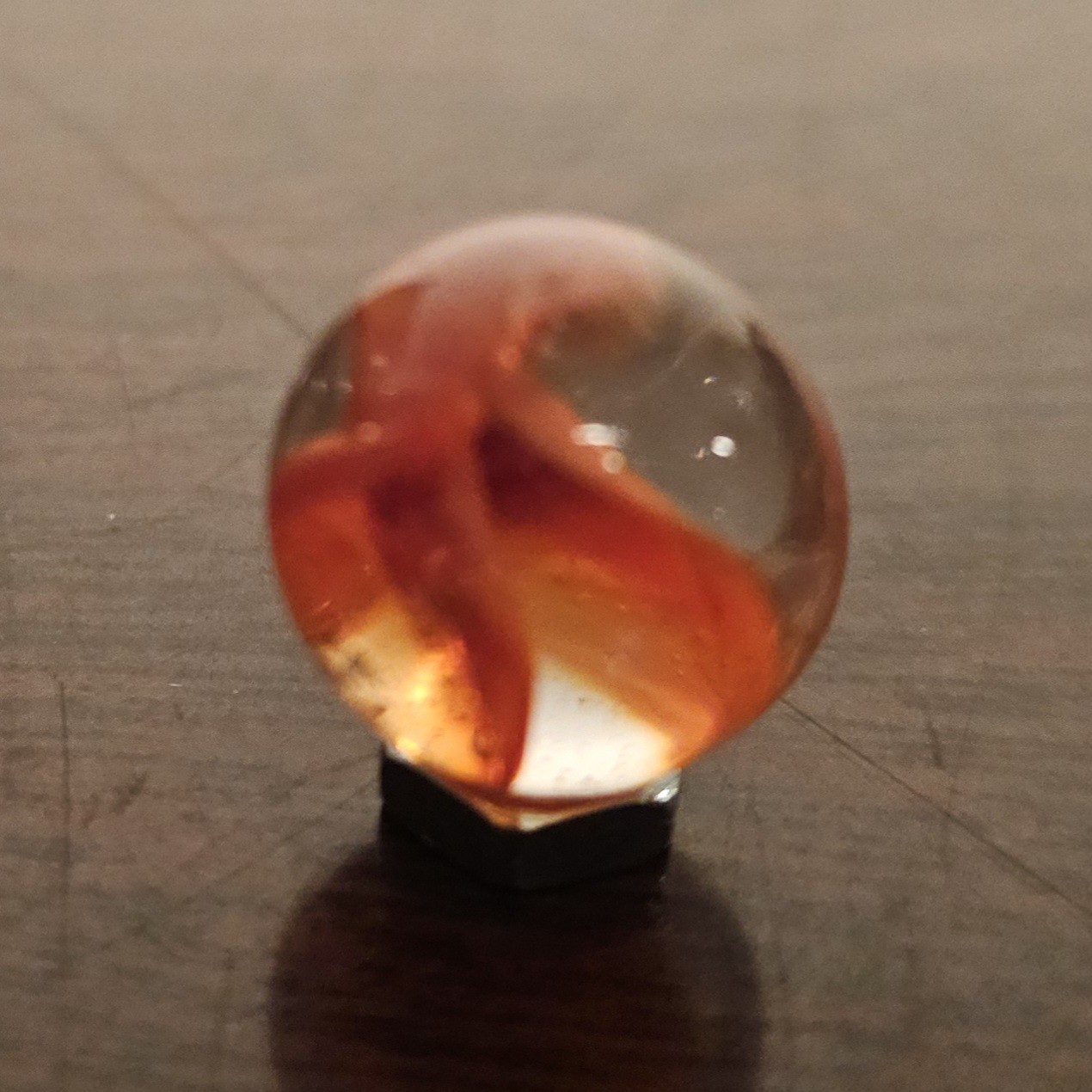 C E Bogard Orange 4- Lobe Floppy Cats Eye Clear Glass .593 Marble