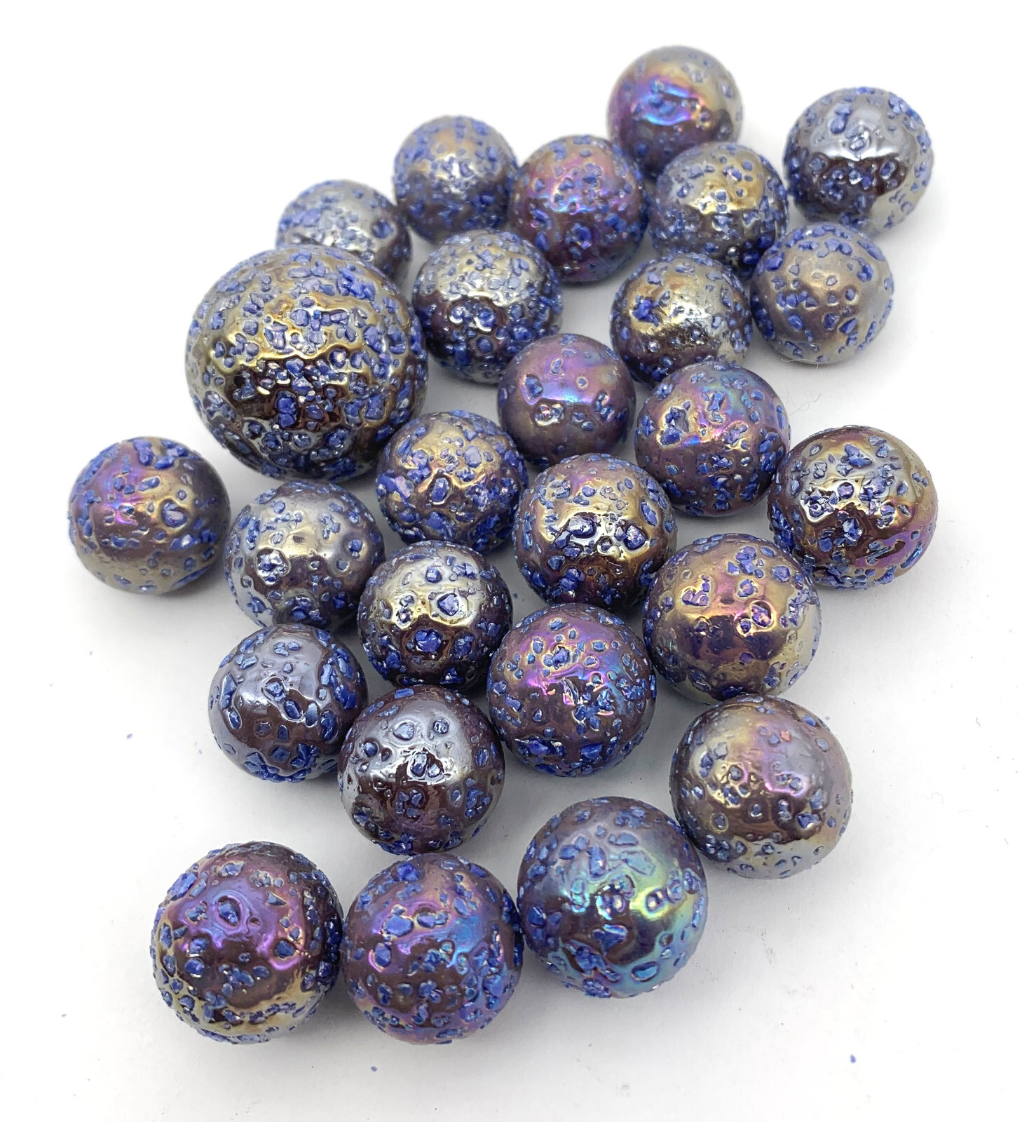 Net Bag 25 Asteroid Glass Mega Marbles Vacor Iridescent w Frit Current Edition
