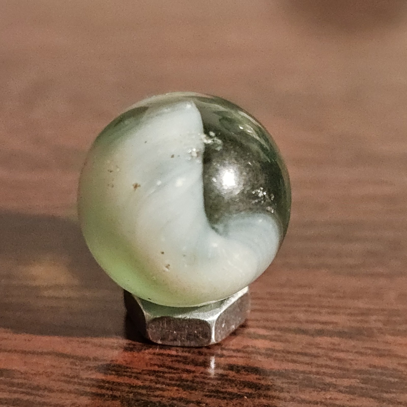 Vintage Master Glass Opaque White Swirl and Green Glass .593 Marble