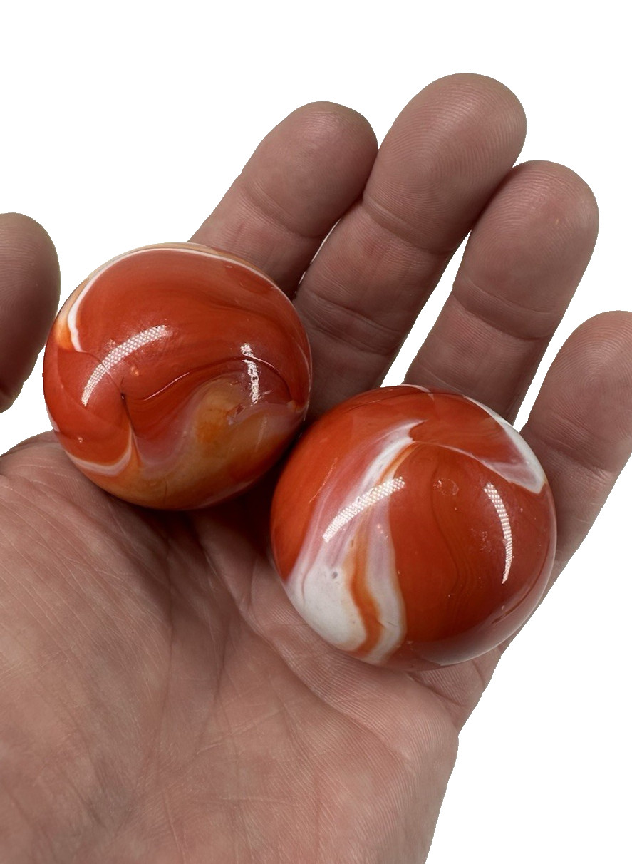 2 MAMMOTH 1 5/8″ ORANGE CREME White Cream Marbles Glass Massive 42mm LARGE HUGE
