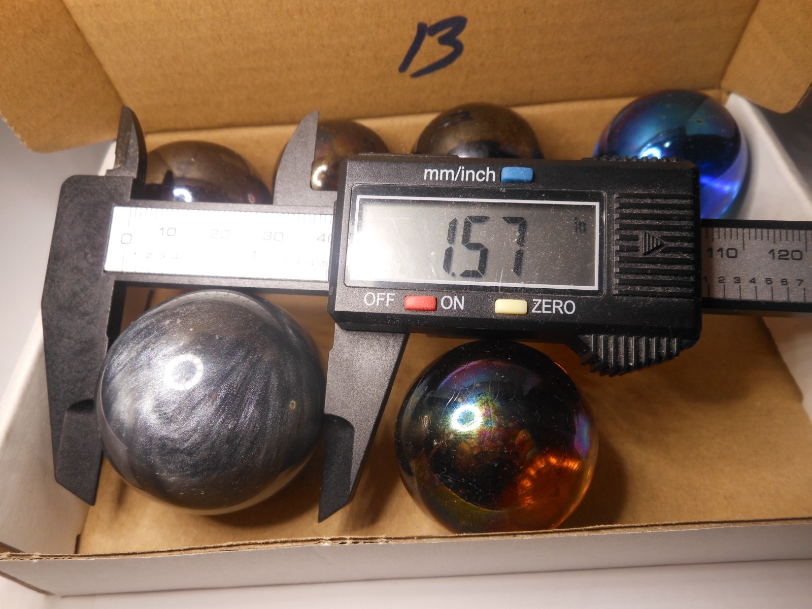 7pc Mix lot Vtg Marbles Iridescent Glass 1.57″, 1.35″x2, 1.34″x2, 1.33″, 1.27″