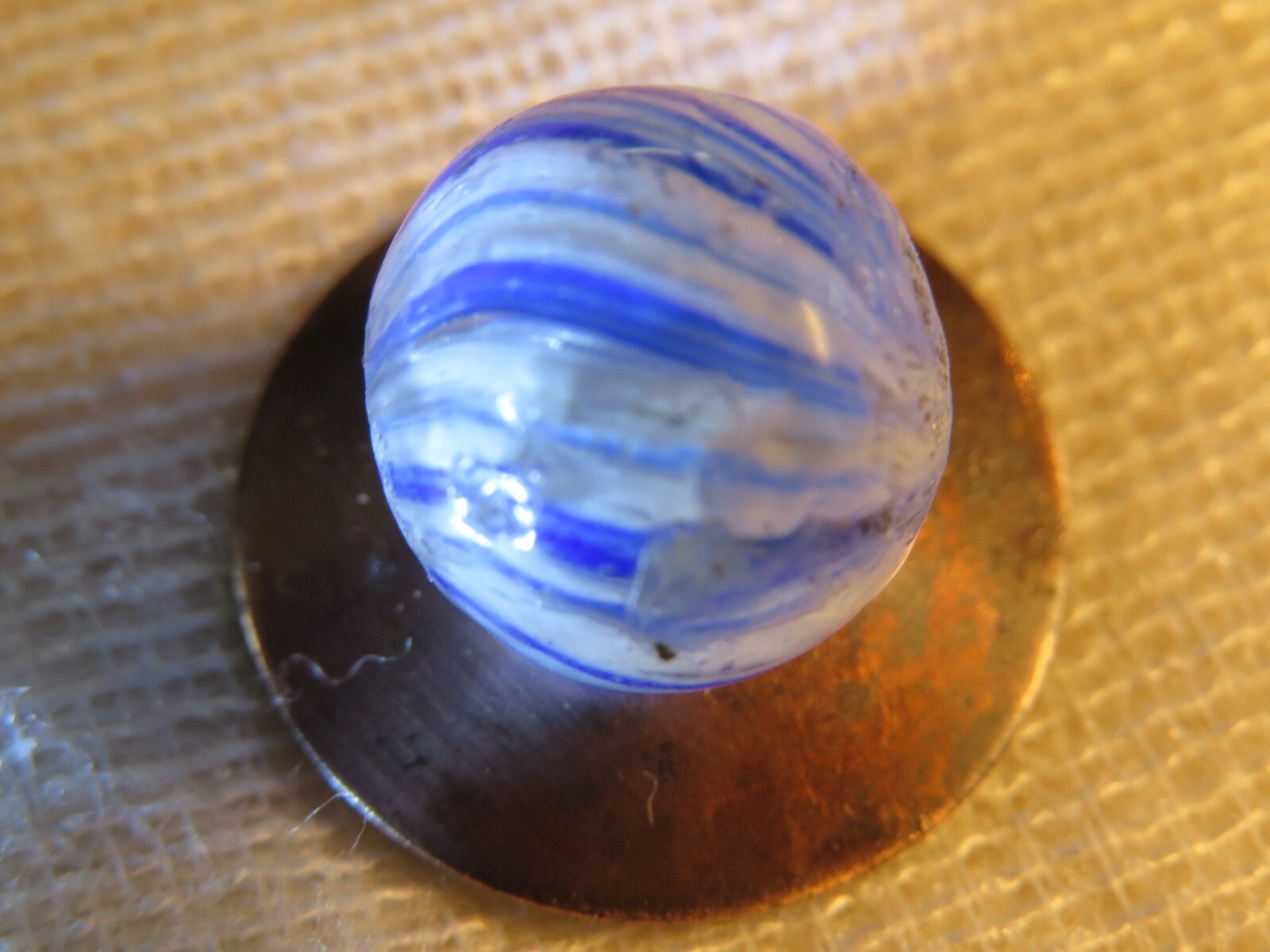 Vtg. German Handmade Onionskin Marble Blue, Teal Strands on Opaque White