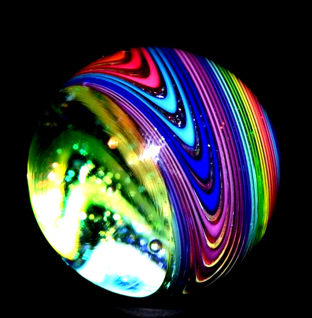 JAMES ALLOWAY GLASS MARBLE/1.357″-DICHROIC RAINBOW VORTEX CHEVRON #3578-FAST
