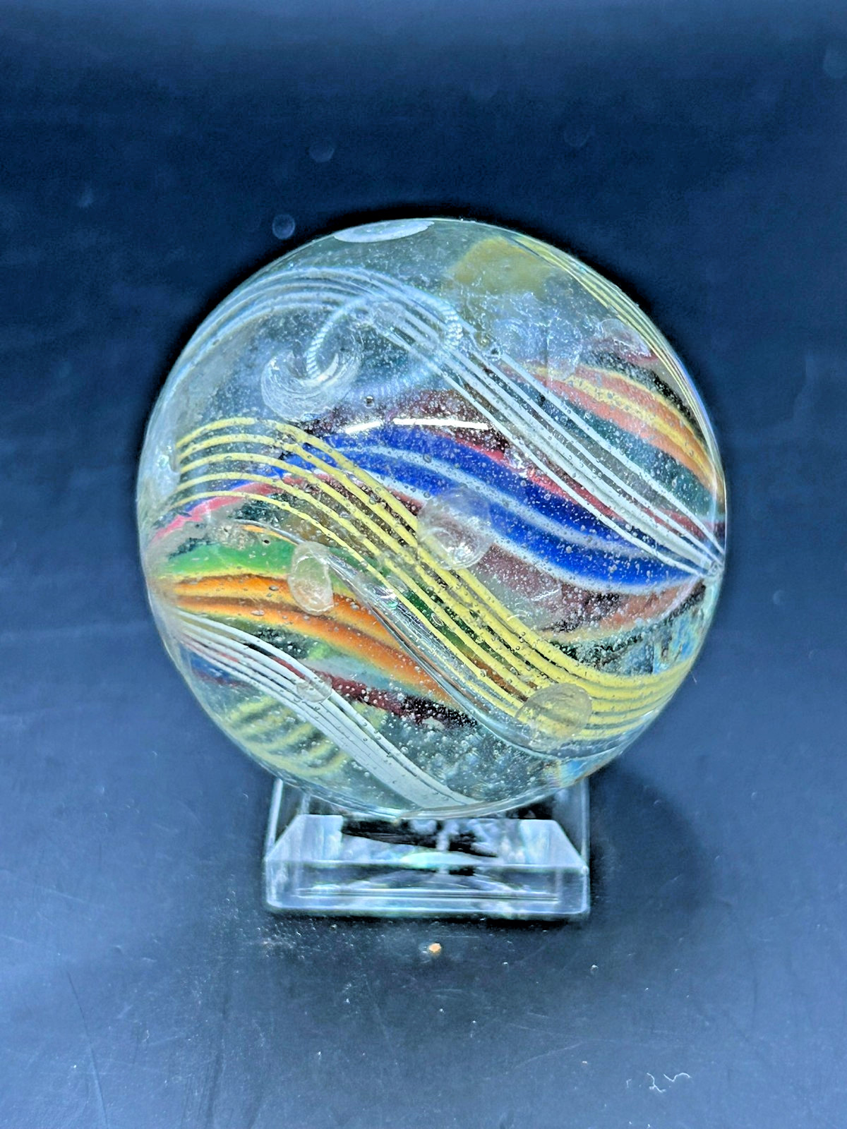 Antique German Divided Core Yellow White Latticino Marble 1 9/16″ NM- E3.2