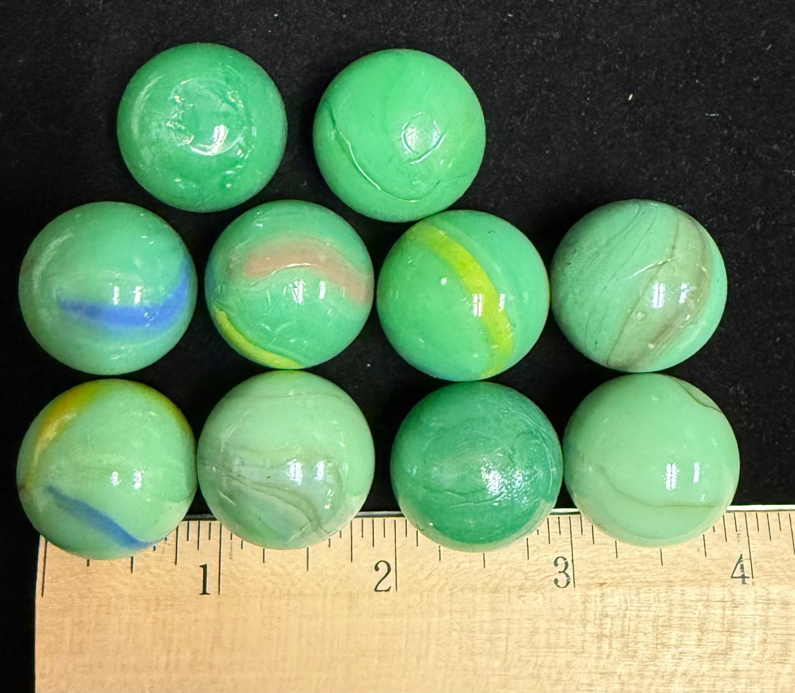 Vintage Glass Marbles Green, 24mm, 1 inch Approximately, Set of 10