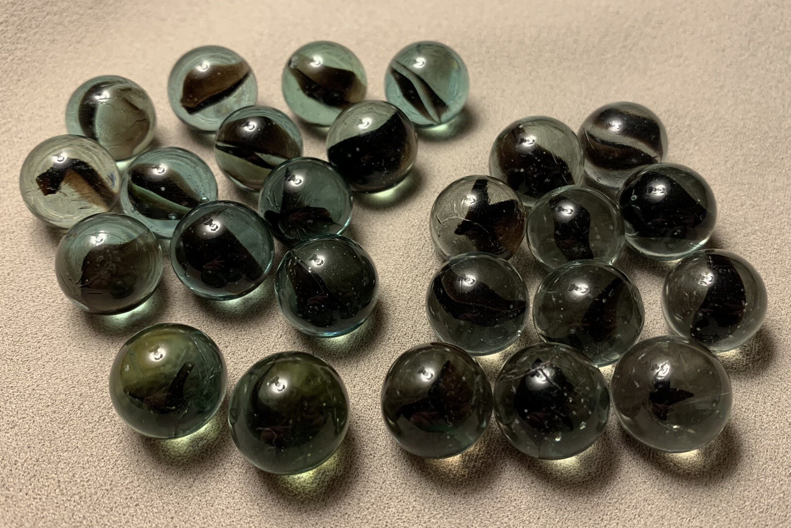 Vtg C E Bogard Black Cats Eye Clear Tinted Base Glass Marble 25pc Job Lot 0.639”