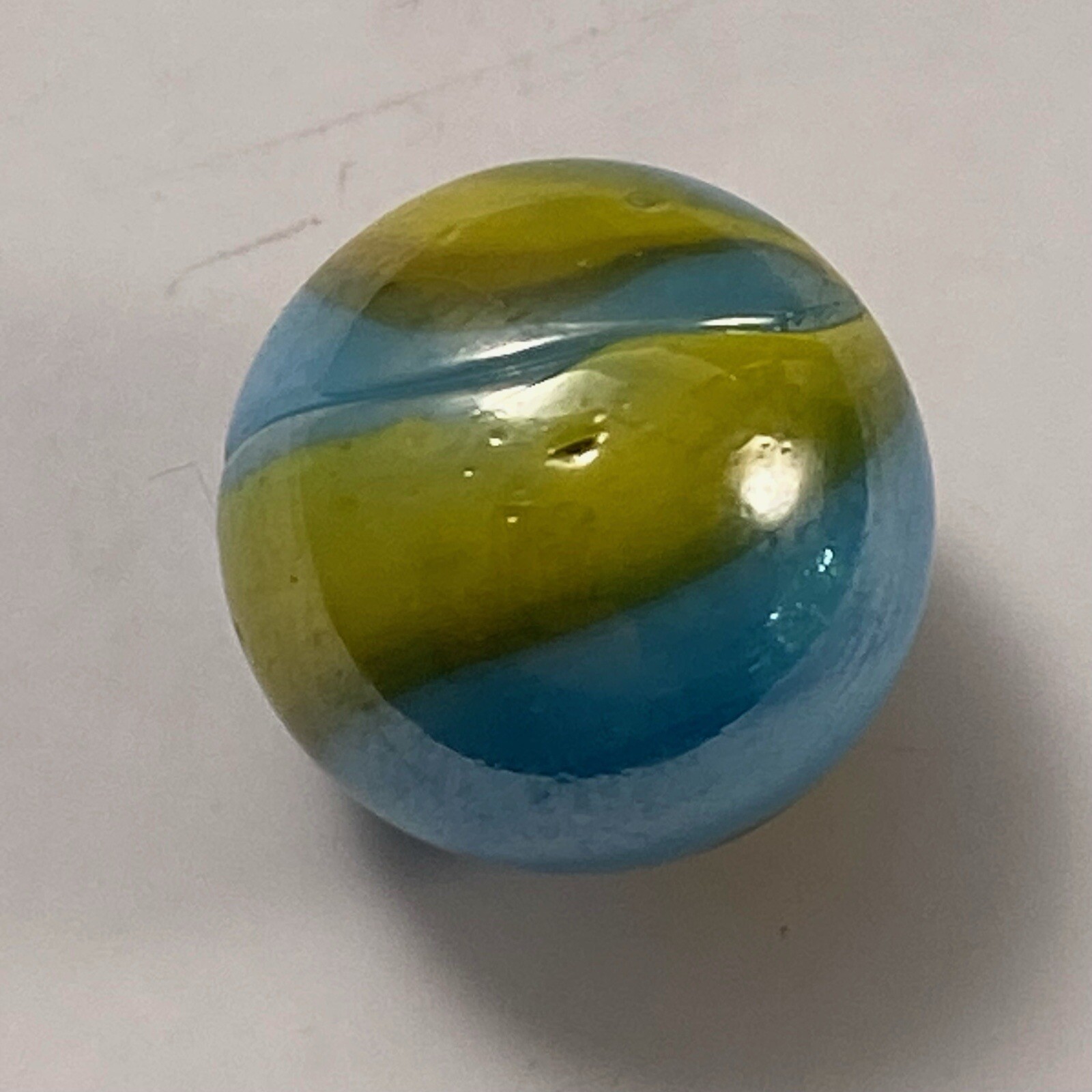 Iridescent Blue & Mustard Color Abstract Agate Swirl Glass Marble ￼