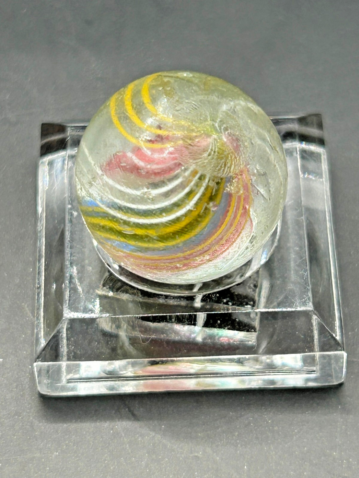 German Divided Core Latticino Swirl Marble 19/32″ NM+ Pink Yellow Green E1.29