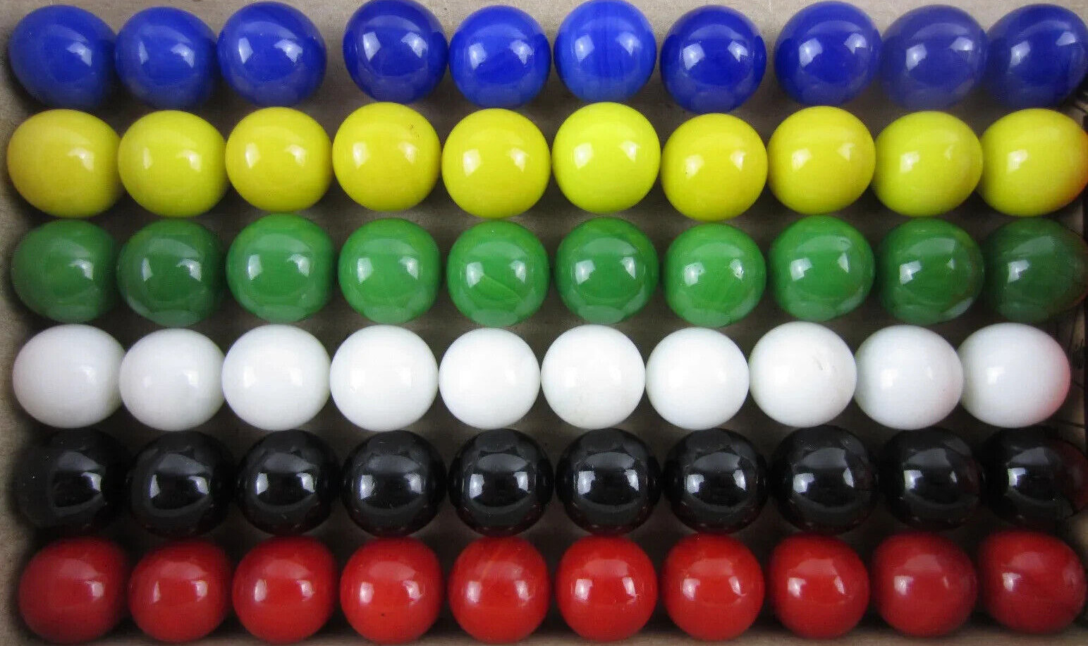 60 – 5/8 INCH / 16MM SOLID COLOR GAME MARBLES 10 OF EACH COLOR GLASS MARBLES.