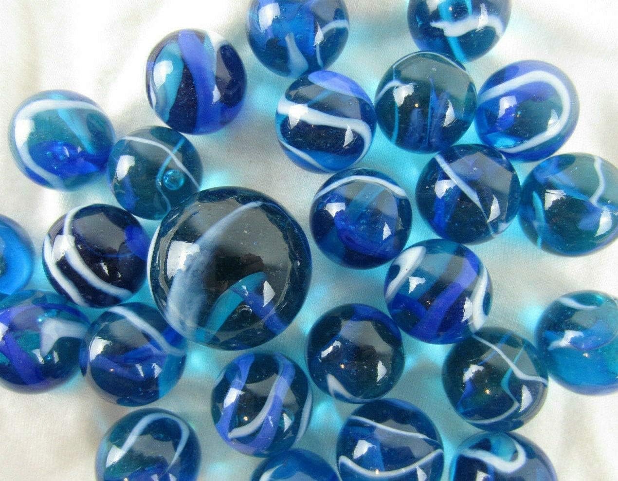 25 Glass Marbles BLUE JAY game pack vtg style Clear Translucent Shooter Swirl