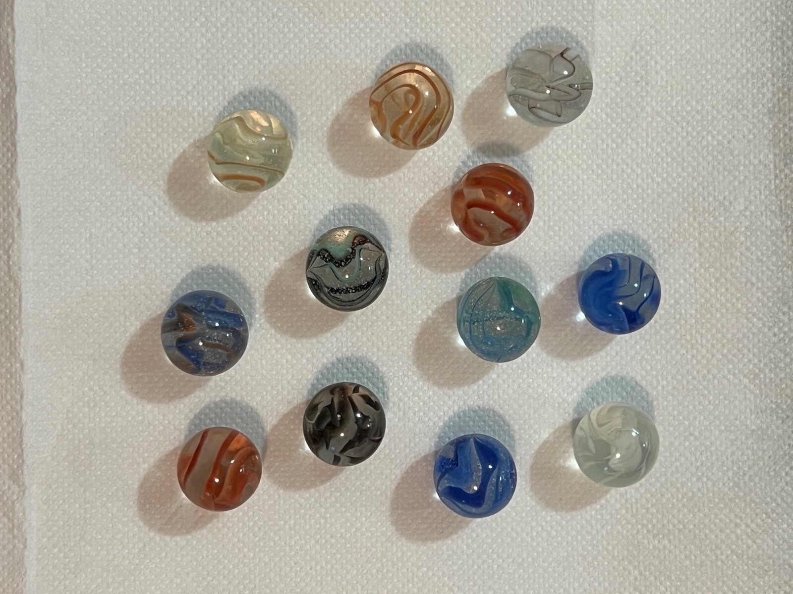 Spaghetti Swirl Marlbles Lot 12 5/8” Blue, Orange, Turquoise, White Gray Black