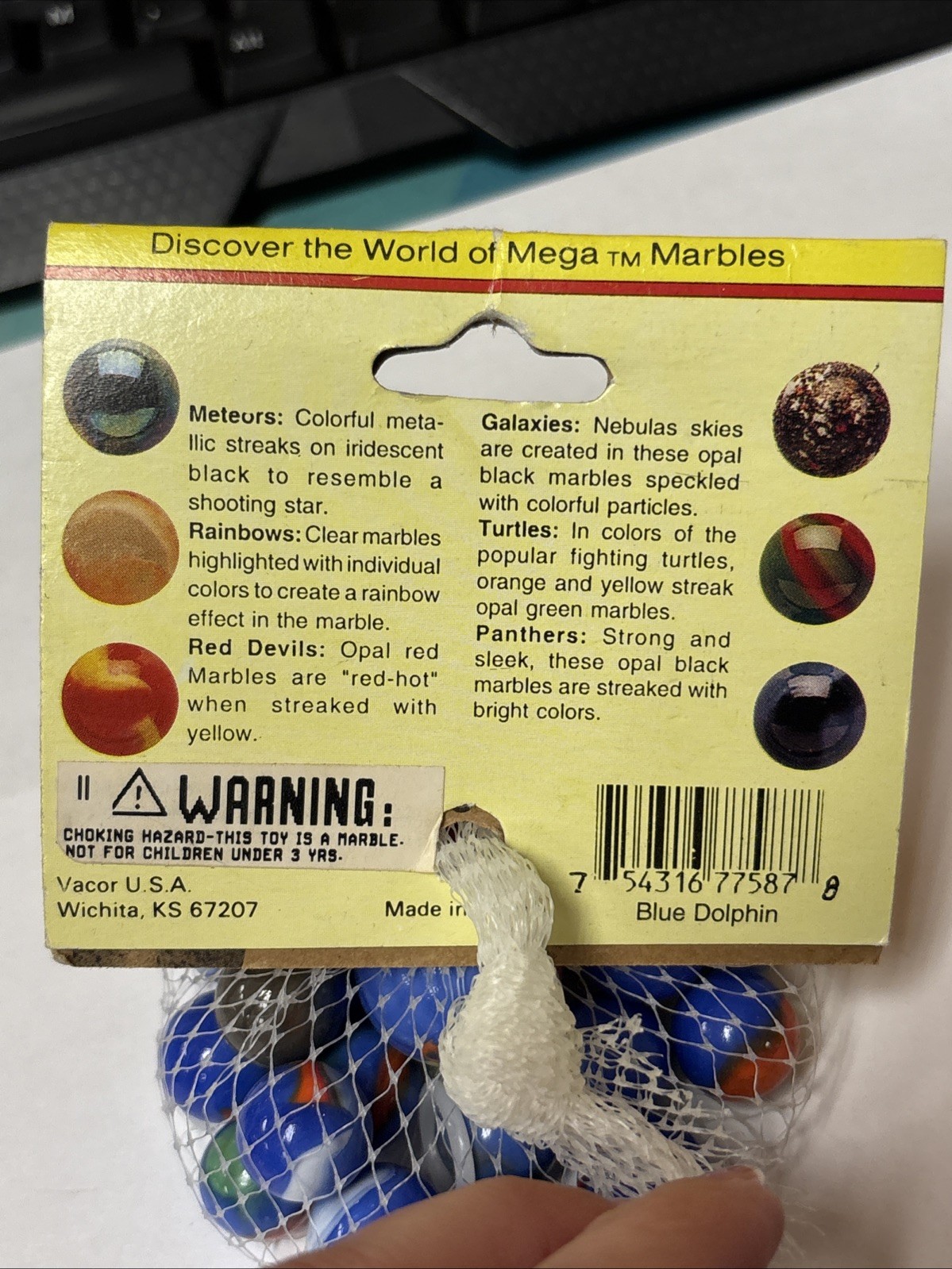 “BLUE DOLPHIN” VACOR MEGA MARBLES Vintage 1990s Net Bag 24 16mm/1 25mm Shooter
