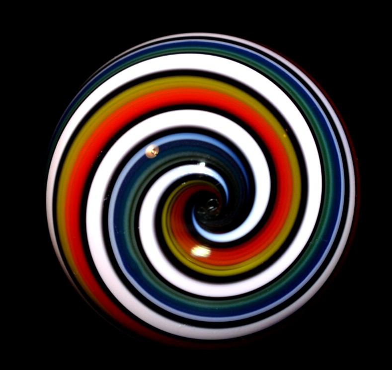 GEORGE BECK GLASS MARBLE/1.644″-STRIPED JOSEPH’S COAT-PINK,OLIVE,GREEN,BLUE,ORG+