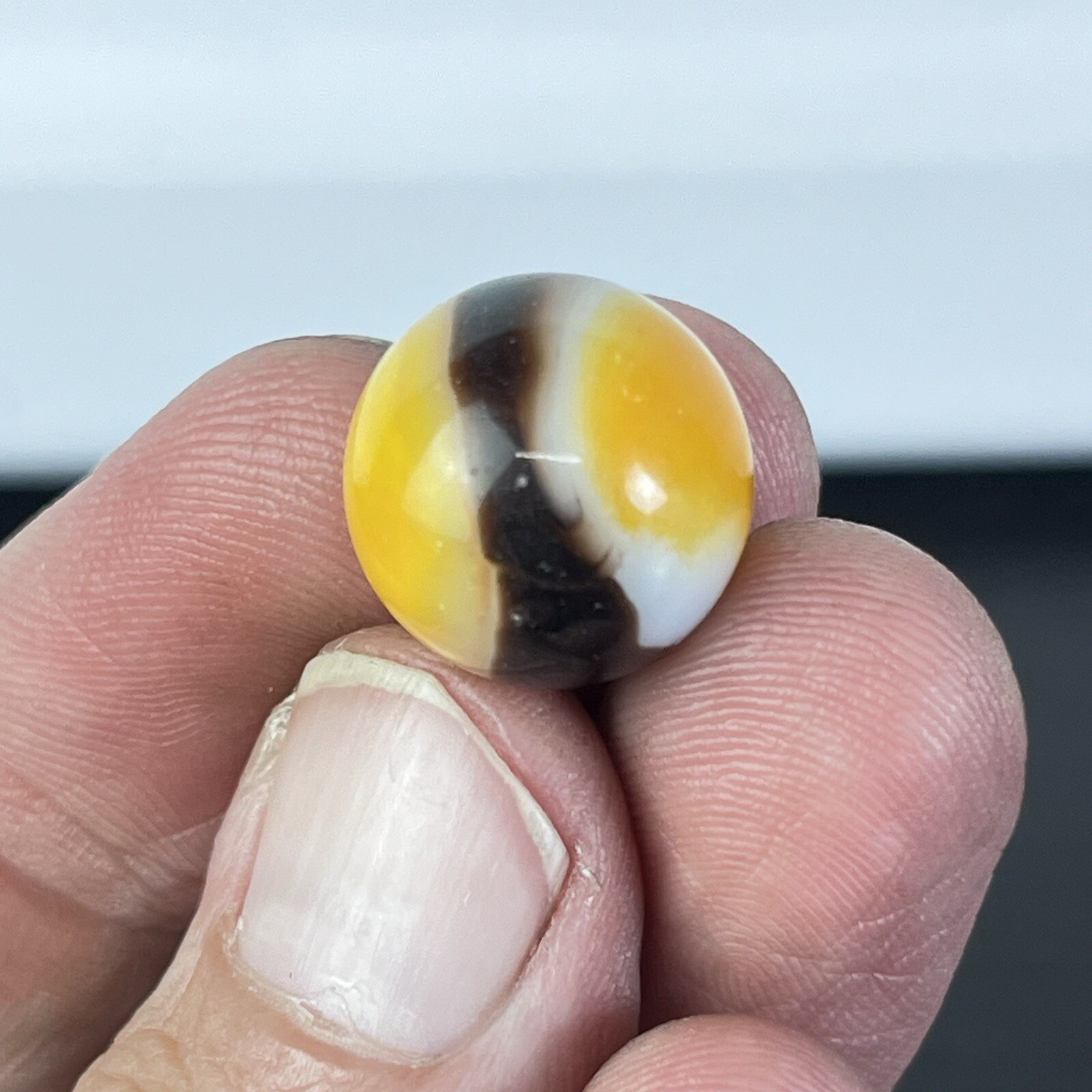 Vintage Akro Agate Peltier Art Swirl Glass Marble .63” Orange Black White