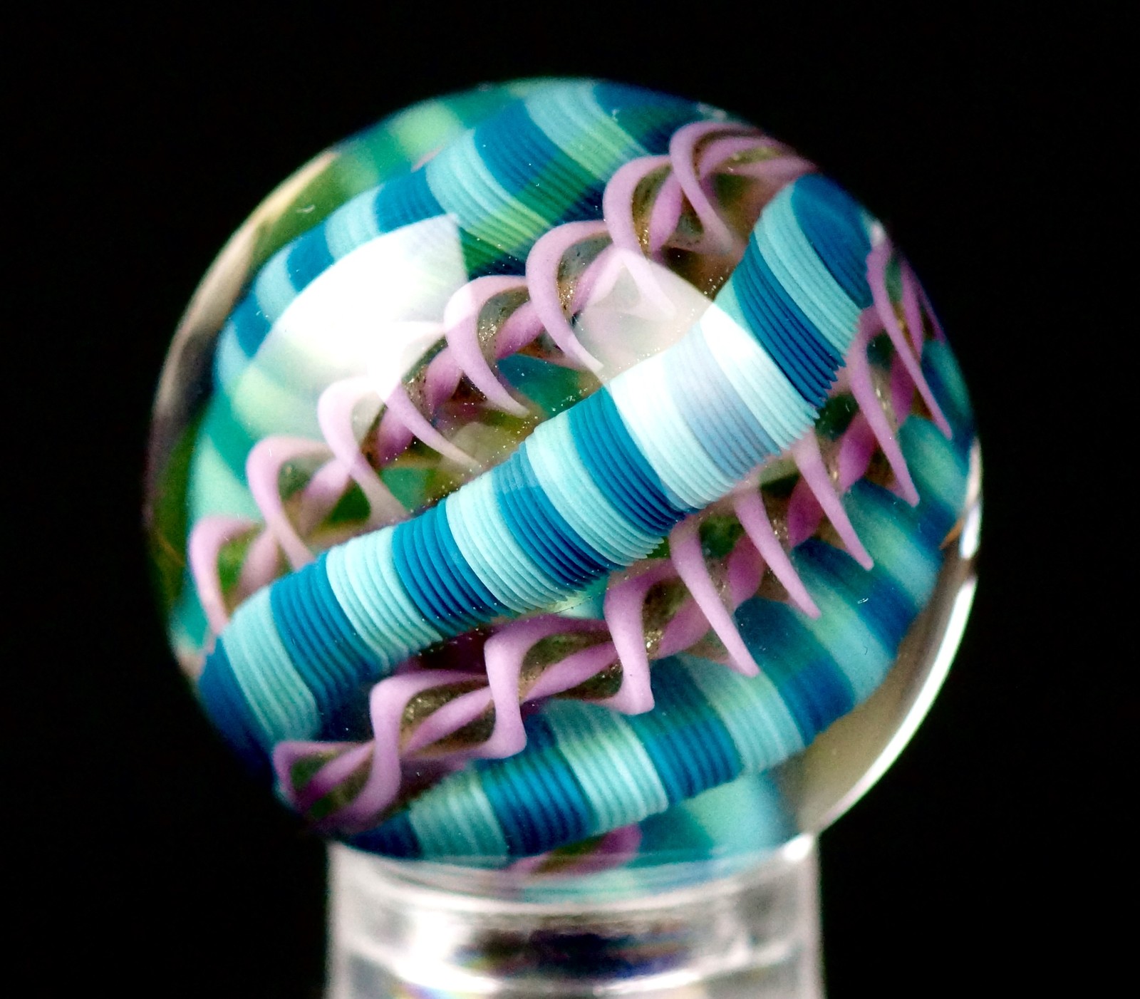 Bryan Trillas Glass Marble/Filigree Cane/UV/ Teal Blue & Purple/0.8-0.9 inch
