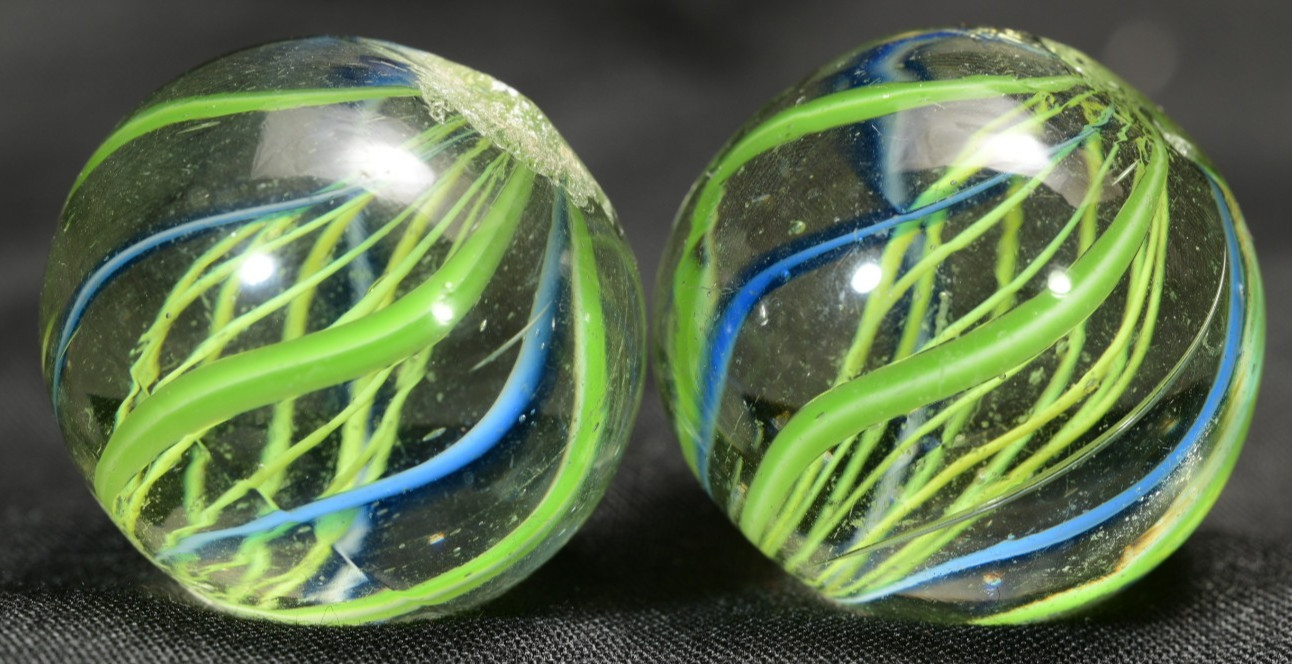 Same Cane Pair Latticino German Handmade Antique Marbles Midsize 22.2mm 7/8”