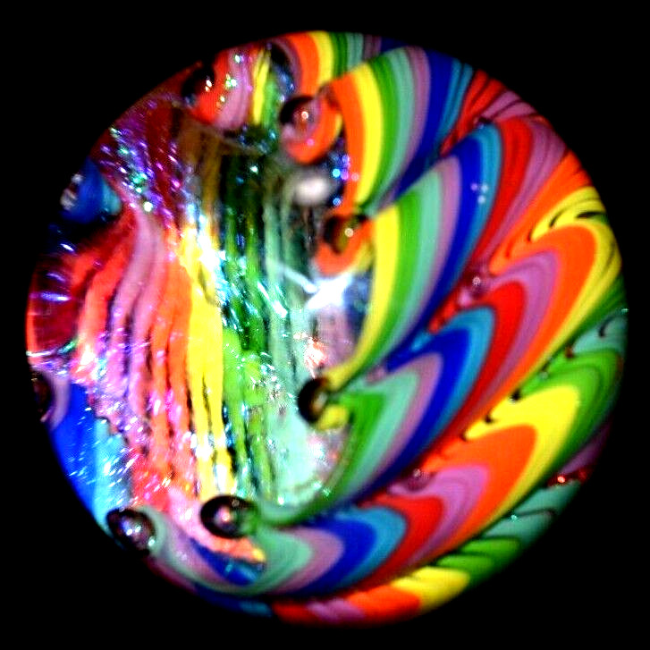 JAMES ALLOWAY HANDMADE MARBLE/2.623″-DICHROIC RAINBOW VORTEX # 3217-LIME,ROYAL +