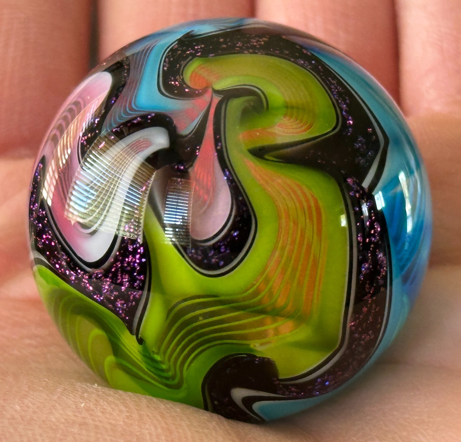 LARGE Contemporary Handmade HOT HOUSE Glass Marble SWIRLS w/Purple Lutz – 1.69″