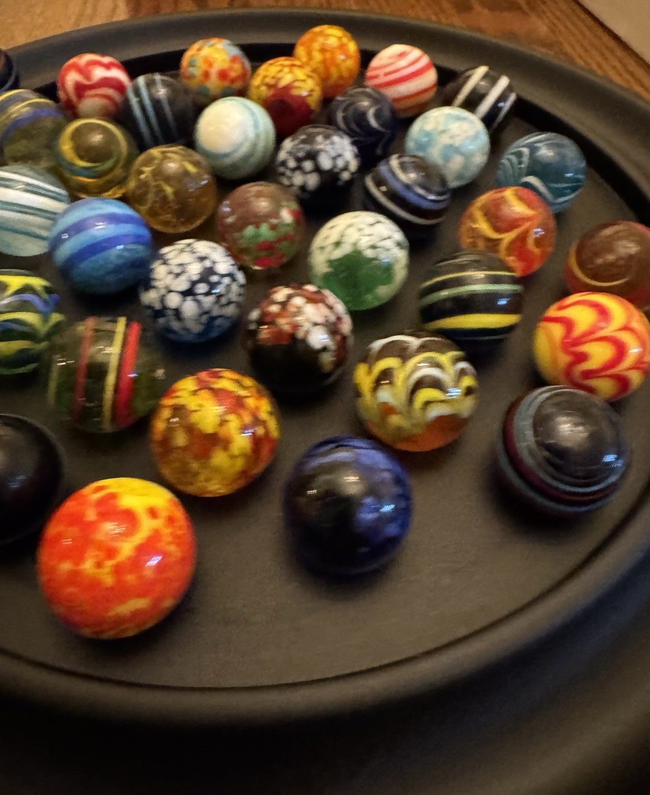 Solitaire Di Venezia Hand Blown Glass Marbles 38 w/Black Wood Base Board