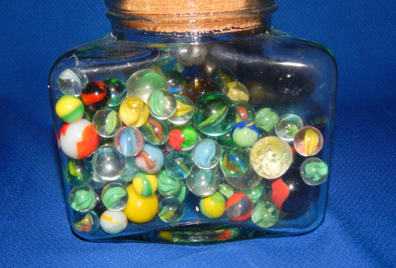 Vintage Triangular Glass Jar of Vintage Marbles w/ Shooters Cat Eyes MORE 4 lbs