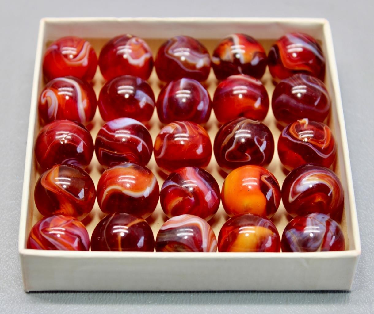 RARE BOX OF 25 AKRO AGATE NO. 0 CARDINAL RED MARBLES • EXCELLENT CONDITION