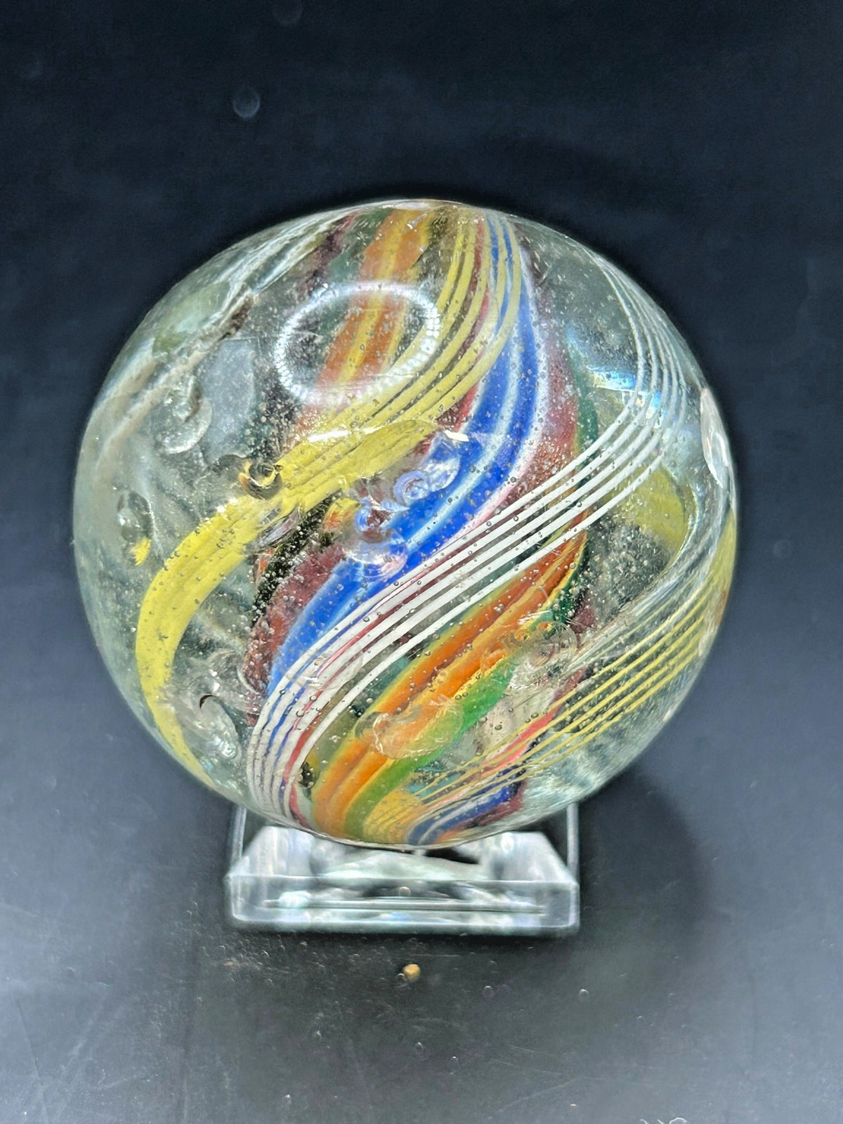 Antique German Divided Core Yellow White Latticino Marble 1 9/16″ NM- E3.2