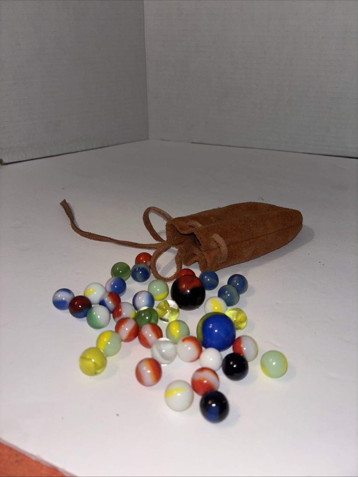 2 Shooter + 35 Marbles in Brown Suede Leather Drawstring Bag Marble Shooters Fun