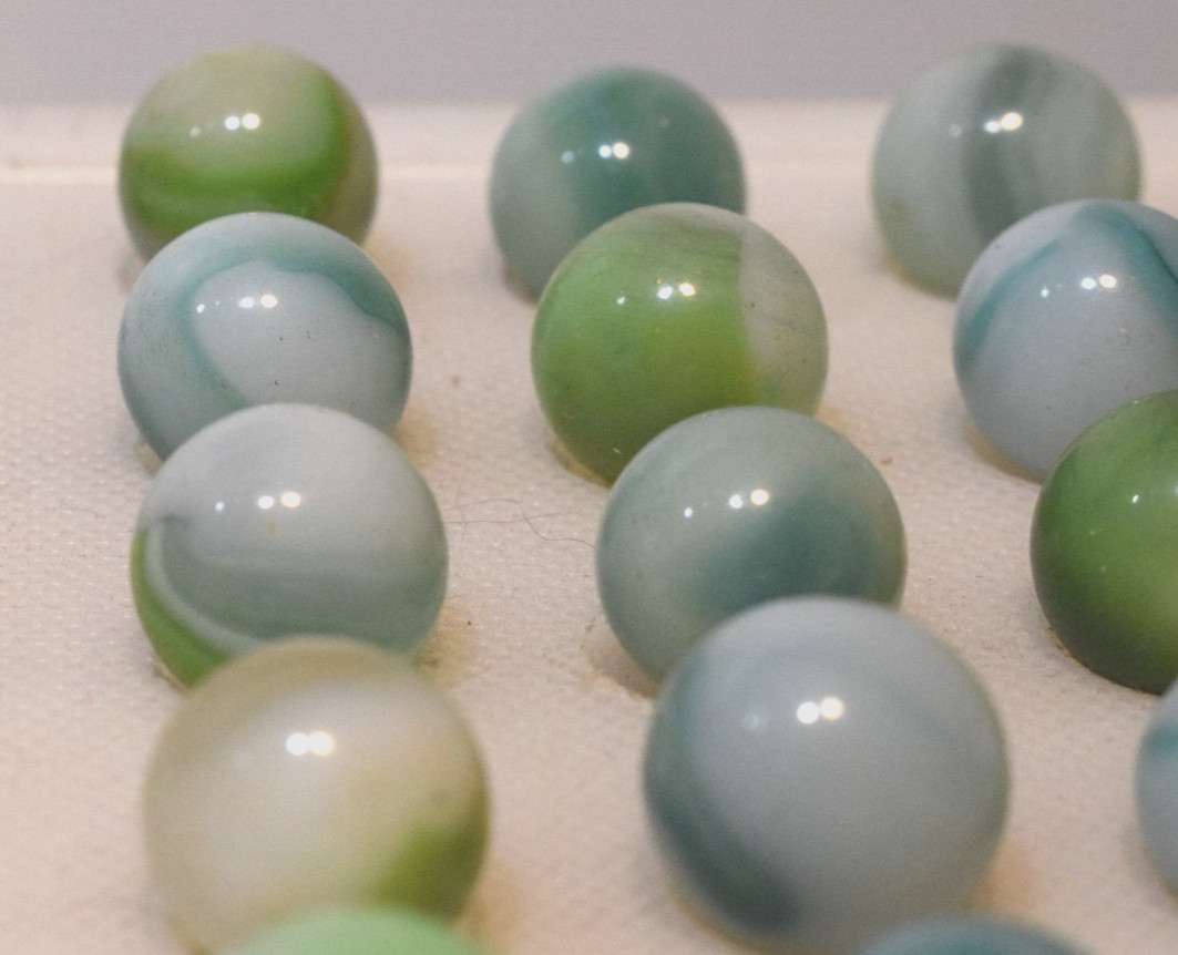 VITRO AGATE MARBLES ARKO 57PC MIXED LOT SHAMROCK GREEN AQUA BLUE COBALT LIME