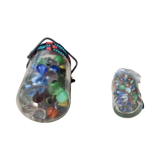 2 Small Glass Jars filled w/123 total Vintage Glass Marbles, Glass Hearts