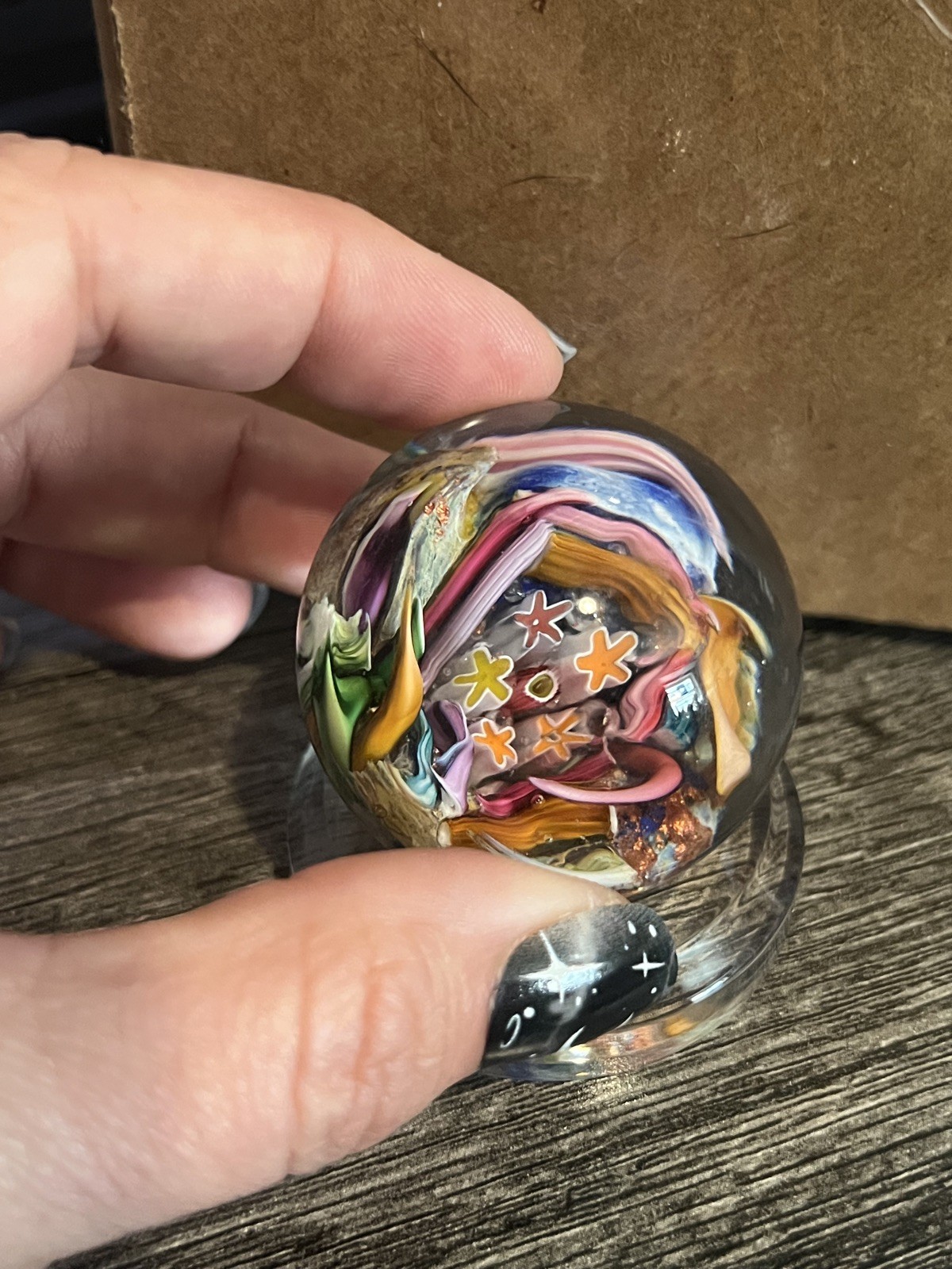 Signed Doug Sweet Dichroic Millefiori Studio Art Glass 1.75″ Marble Paperweight