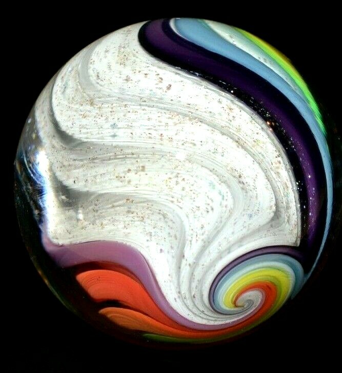 EDDIE SEESE GLASS MARBLE/1.767″-MULTI-COLORED WHITE LOBED DICHROIC DT-WAVY WHITE