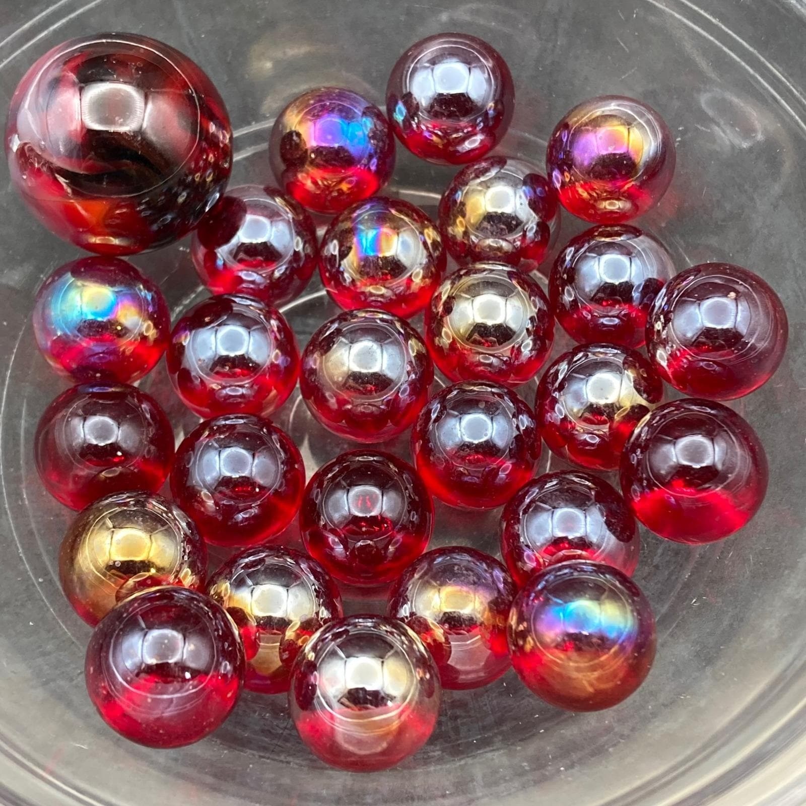 Vintage Glass Marbles / 25 Iridescent Red Orange Cadmium / Small / Glows / No 24