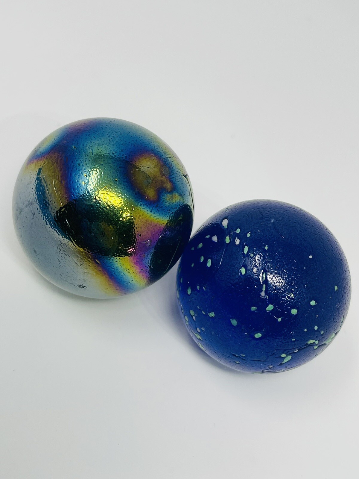 Large Iridescent & Purple Turquoise Speckled Art Glass Shooter Marbles Set of 2