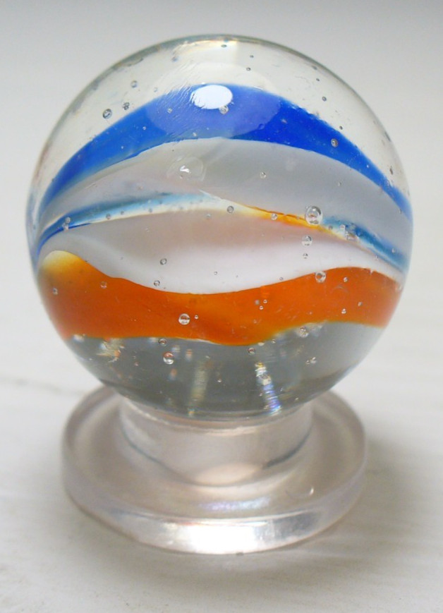 #1050 Vintage Foreign Cats Eye Marble Shooter 6 Vane 3 Color Red, White and Blue