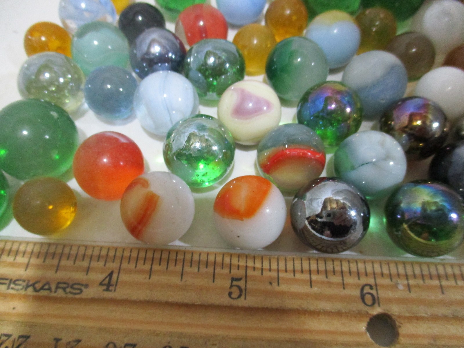 Lot of 75+ Vtg Glass Marbles Confetti White Green Blue Assortment