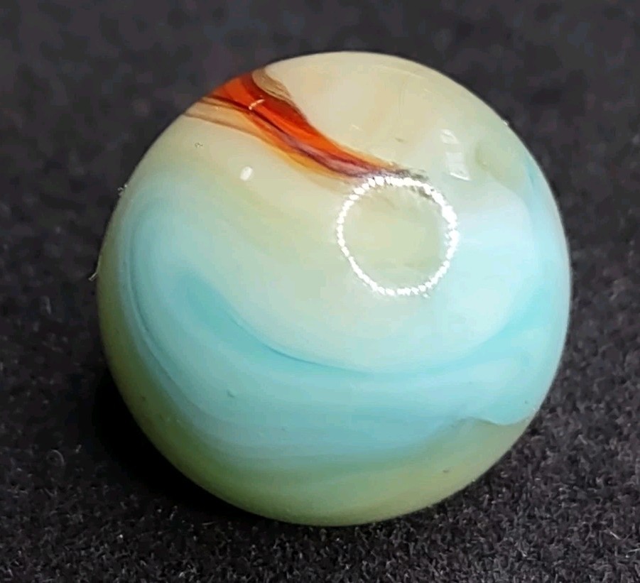Aquamarine Blue & Red & Tan TRILITE Ribbon Swirl Glass Vitro Vintage Marble .62″