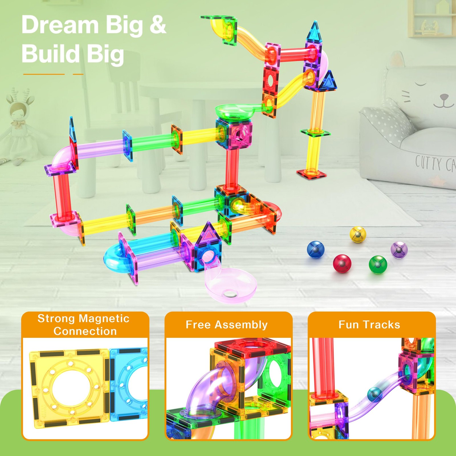PicassoTiles 120pc Magnetic Tile 14.5*11.88*4.75in, 120 Piece Marble Run