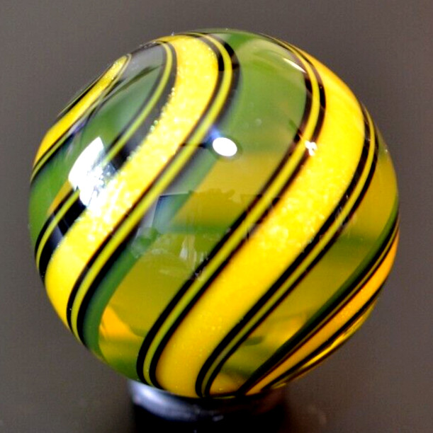 HOT HOUSE GLASS MARBLE/1.430″-SUNFLOWER DICHROIC STRIPE-BLACK,TRANS.YELLOW