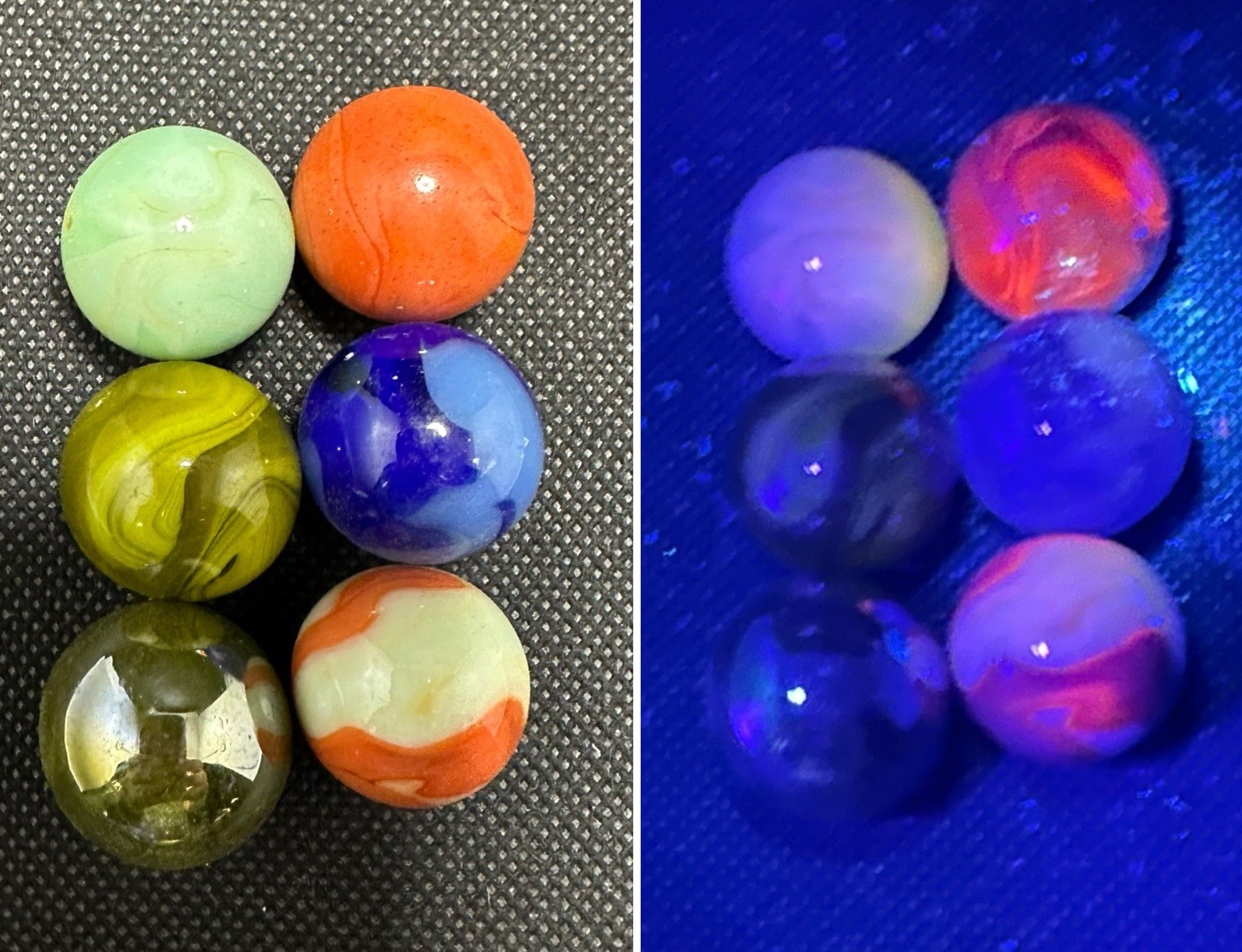 Vintage NOS Lot of 6 JABO Vitro 7/8″ Shooter Marbles Iridescent Luster USA UV