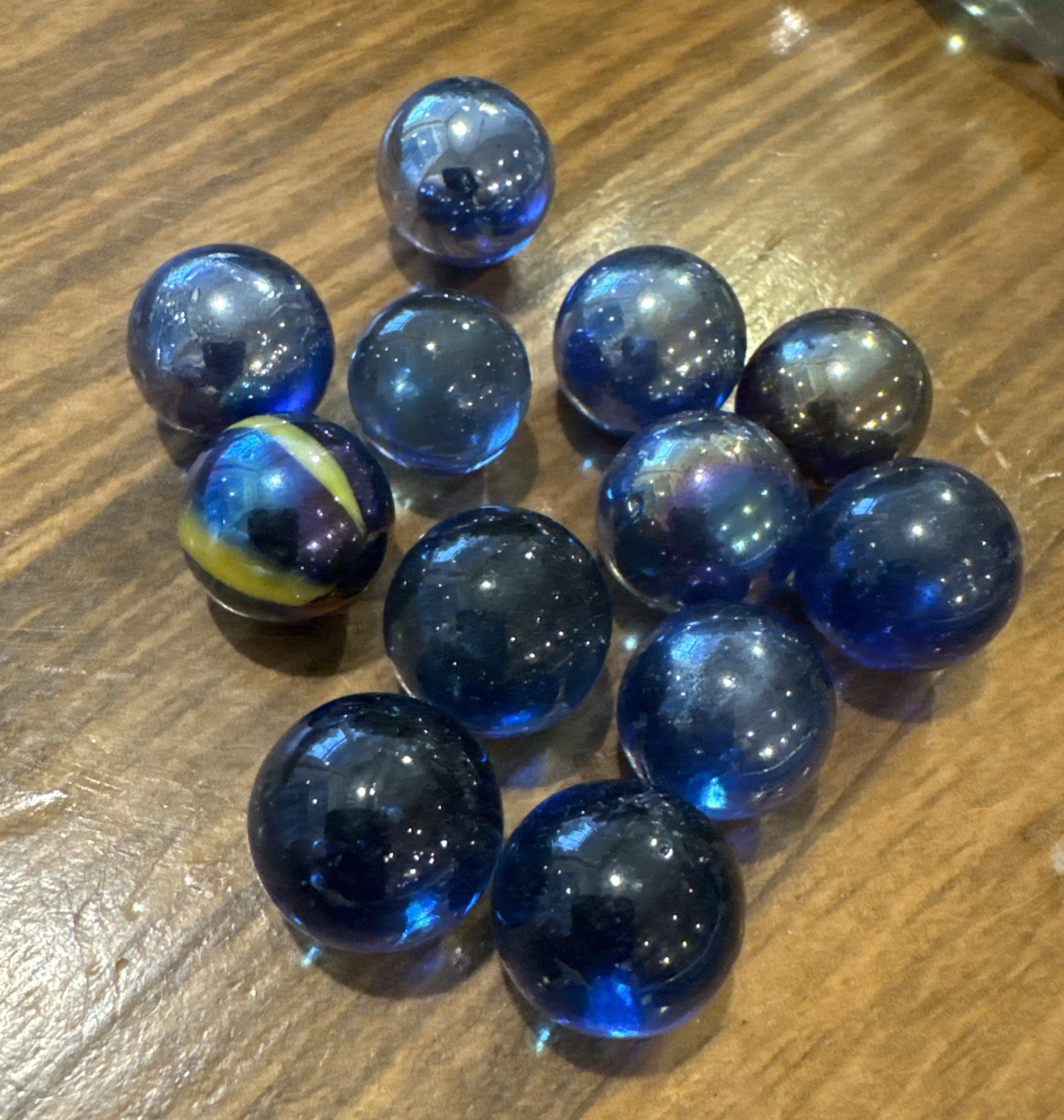 Vintage Glass Marble Lot Of 12 Blue Cobalt Iridescent Clear Swirl Group Lot #3